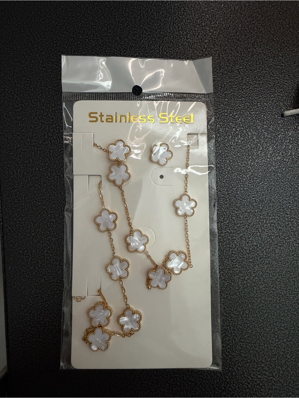 Gold-Tone Stainless Steel Necklace and Earrings Set with White Clover Accents